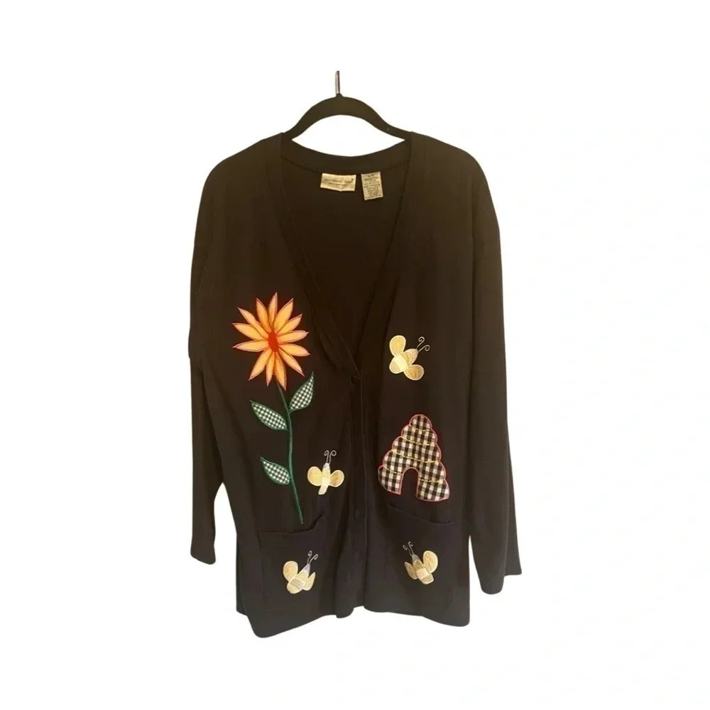 Northern Isles Vintage Black‎ Cardigan Sunflower Bee Embroidery Sweater Womens L